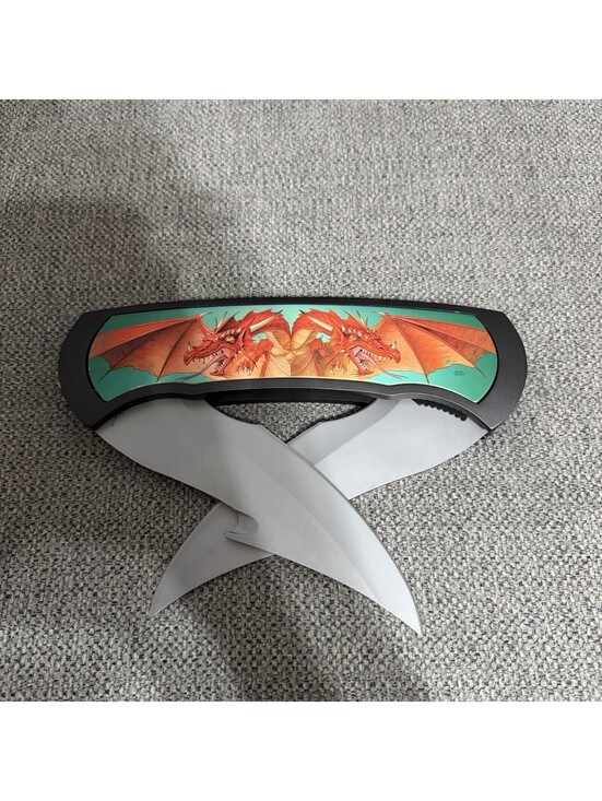 Other - Vintage 2004 Twin Blade Folding Knife Dragon Fantasy Art 16"
